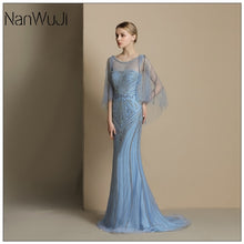Load image into Gallery viewer, Blue Muslim Evening Dresses 2019 A-line Cap Sleeves Tulle Slit Pearls Islamic Dubai Saudi Arabic Long Formal Evening Gown Prom