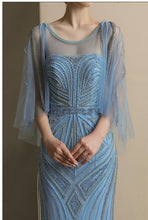 Load image into Gallery viewer, Blue Muslim Evening Dresses 2019 A-line Cap Sleeves Tulle Slit Pearls Islamic Dubai Saudi Arabic Long Formal Evening Gown Prom