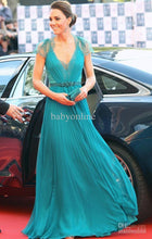 Load image into Gallery viewer, free shipping 2016 V Neck Cap Sleeves Evening Dresses vestidos formales long Kate middleton Jenny Packham blue Celebrity Dresses