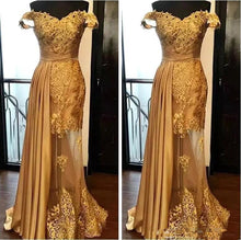 Load image into Gallery viewer, Gold 2019 Formal Celebrity Dresses Mermaid Off The Shoulder Appliques Lace Beaded Long Evening Dresses Red Carpet Dresses