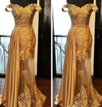 Load image into Gallery viewer, Gold 2019 Formal Celebrity Dresses Mermaid Off The Shoulder Appliques Lace Beaded Long Evening Dresses Red Carpet Dresses