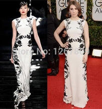 Load image into Gallery viewer, New Custom Made White Satin Celebrity Dresses With Black Embroidery Straight Evening Gown