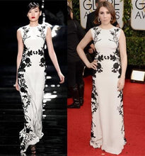 Load image into Gallery viewer, New Custom Made White Satin Celebrity Dresses With Black Embroidery Straight Evening Gown